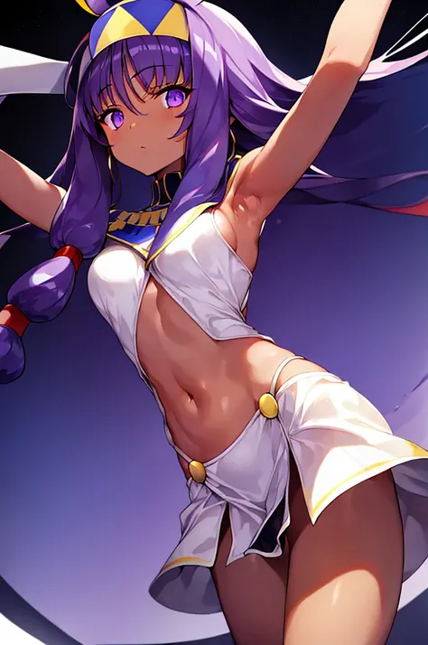 Black background with spotlight,　White jacket、White mini skirt、Nitocris, beautiful girl、Raise your arm and show your armpit., Brown Skin