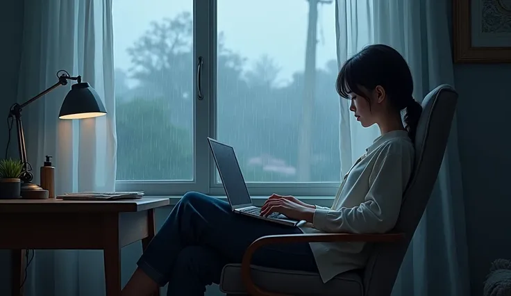 a girl sitting on a chair and lying down with a computer(facing me) on the desk and looks out the window at the rain falling