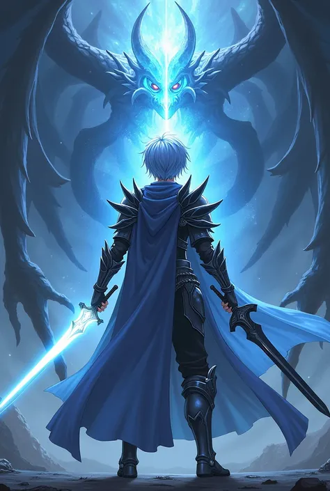 A male anime character with light blue hair. He is a brave knight. His weapons are two holy swords. The first one is a pure white sword with a light aura. The second one is a pitch-black sword with a dark aura. He stands facing the female demon lord.