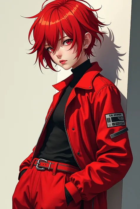 A cool, red-haired, mashed-up guy who looks a bit like an anime character.、I think red clothes and white skin would be good.