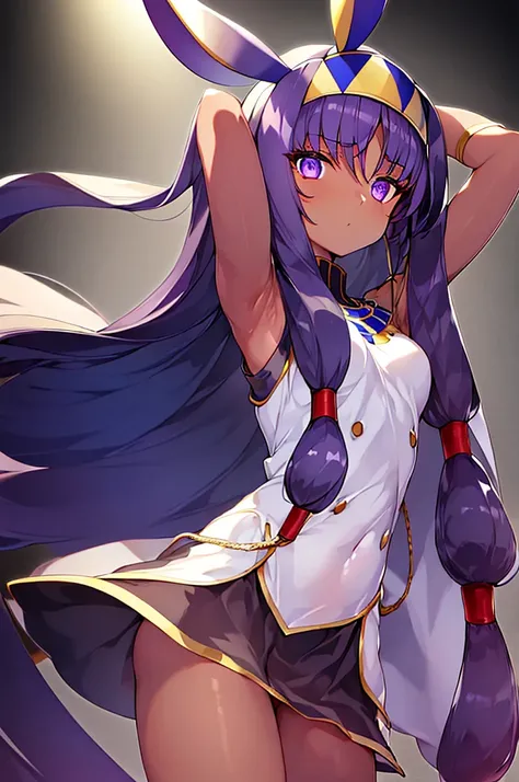 Black background with spotlight, Long eyelashes,
Black background with spotlight,　White jacket、White mini skirt、Nitocris, beautiful girl、Raise your arm and show your armpit., Brown Skin