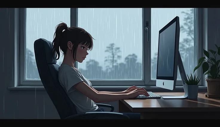 a girl sitting on a chair and lying down with a computer( screen facing me) on the desk and looks out the window at the rain falling