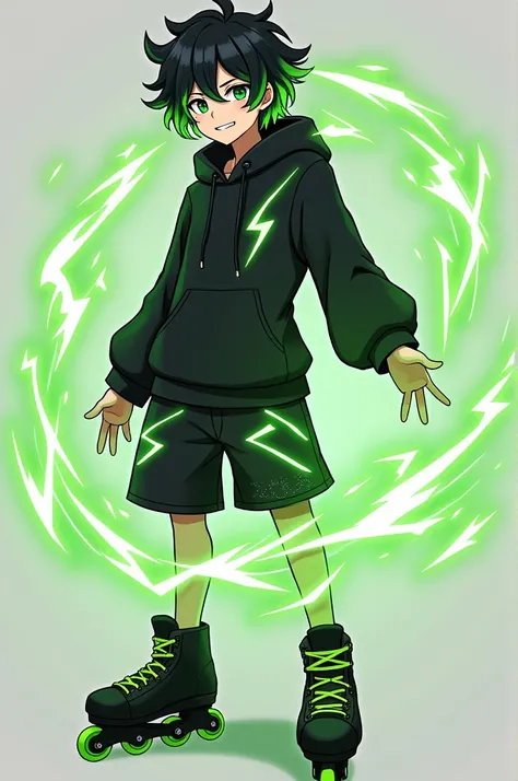 Could you please create an Anime Character. A male character with black hair reaching his ears, bright green eyes, wearing a black hoodie with green lightning around the waist, black shorts, and a silver ring with a subtle lightning pattern. He has a green...