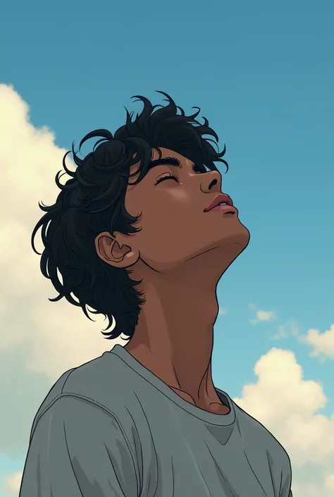 Create an image of a teenager looking at the sky with his eyes closed. With wavy black hair, more masculine and brown skin color.