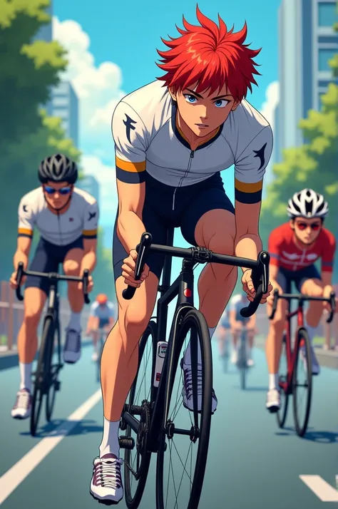 Korean cyclists doing sprinting anime boy red hair causal outfit 