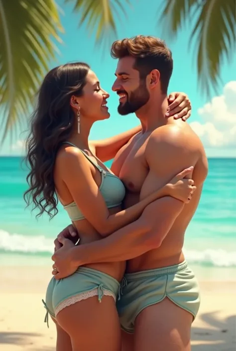 A heartwarming virtual image of a curvy white woman in a bikini and a fit white man in a swimsuit, both emotionally embracing each other. Their faces express a strong connection as they share a tender moment by the sea. The background features a breathtaki...