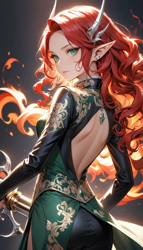 A majestic, slender-built elf woman with piercing emerald green eyes, sharply defined facial features, and elegantly pointed ears, adorned with a magnificent, wild mane of curly, fiery red hair that cascades down her back, wearing a fitted, high-collared b...