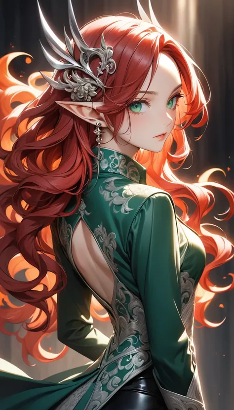 A majestic, slender-built elf woman with piercing emerald green eyes, sharply defined facial features, and elegantly pointed ears, adorned with a magnificent, wild mane of curly, fiery red hair that cascades down her back, wearing a fitted, high-collared b...