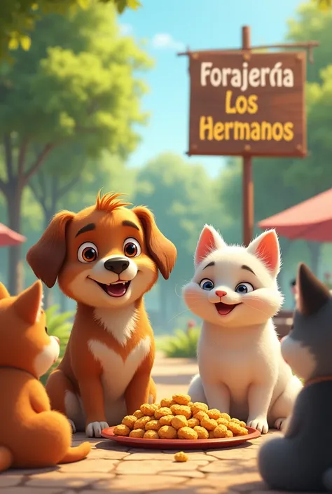 A dog and a smiling cat eating dogui on a plate and around several domestic animals in a sunny park with the phrase on a sign that says forrajeria los hermanos and it is easy to read and in Spanish below that says niko that looks like a real photo of the a...