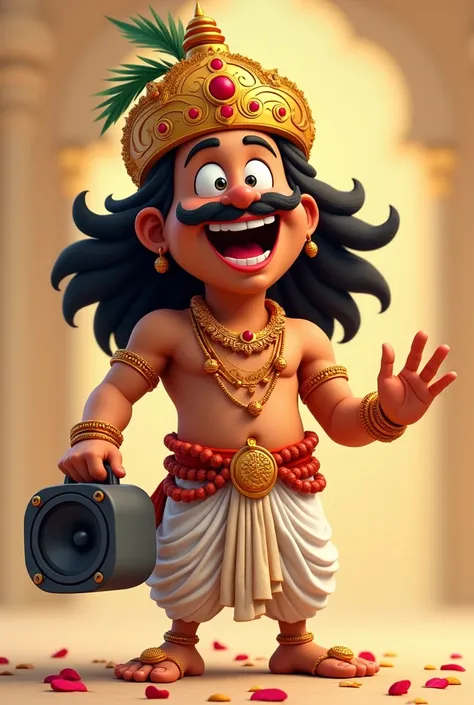  appears to depict a 2D animated character, likely styled after traditional Indian royalty or a deity, with exaggerated features for a comedic or friendly effect. The character is male, with a broad smile, wide eyes, and a bushy mustache. He is wearing a g...