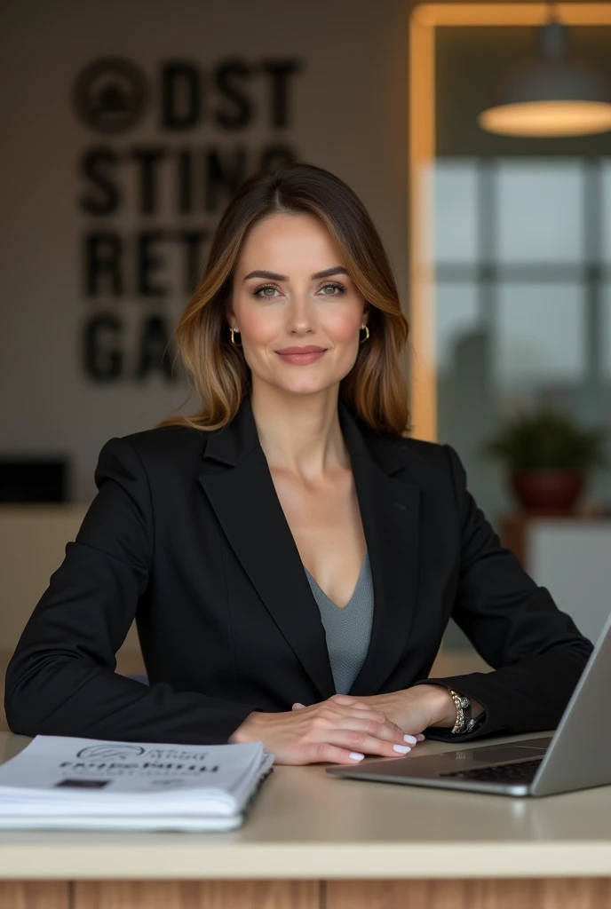 A photographic portrait of a beautiful female receptionist at a marketing agency, with a serious and focused expression. She is dressed in a tailored blazer, seated at a sleek reception desk with marketing materials neatly arranged. The background features...