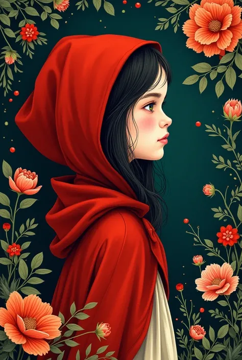 Girl and flower profile, deep tone pattern, fairy tale Little Red Riding Hood editorial illustration, high quality, masterpiece