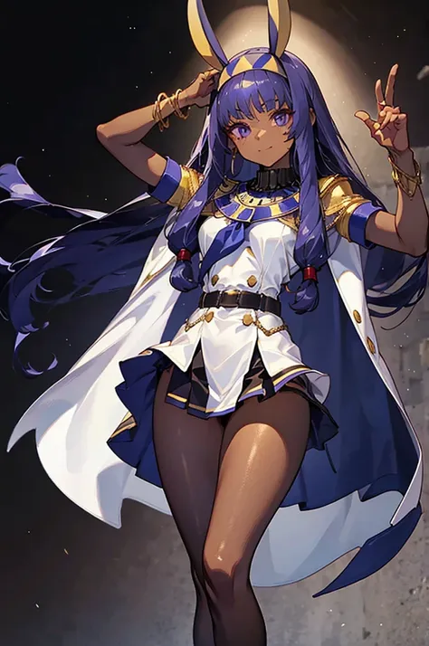 Black background with spotlight, Long eyelashes, whole body, White jacket、White mini skirt、Nitocris, beautiful girl、Raise your arm and show your armpit., Brown Skin