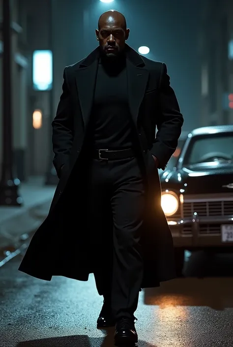 Hiper focus, wesley snipes como Blade (marvel) walking down a dark street at night, black man wearing a black overcoat, an impala in the background, ultra realisitic, Reality, hiperReality 