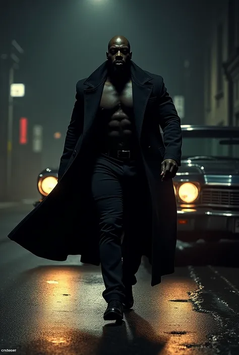 Hiper focus, wesley snipes como Blade (marvel) walking down a dark street at night, black man wearing a black overcoat, an impala in the background, ultra realisitic, Reality, hiperReality 