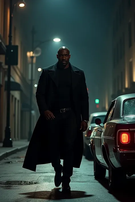 Hiper focus, wesley snipes como Blade (marvel) walking down a dark street at night, black man wearing a black overcoat, an impala in the background, ultra realisitic, Reality, hiperReality 