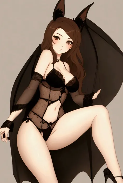 Beautiful, brown hair, large bat ears. Black lingerie