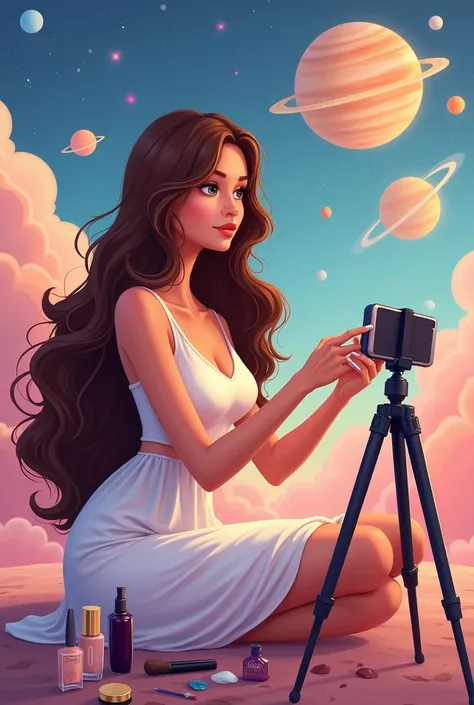 Beautiful woman with long brown hair Wear a cute dress Working as a beauty blogger. Doing makeup in front of a mobile phone with a tripod. have a cosmetics. On a planet where other planets can be seen. Cartoon style.