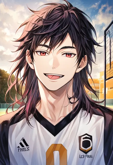 haikyuu style boy smiling,with white layered hair (hair down to the nape of the neck and longer sideburns with pink streaks)red ...