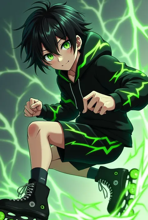 Could you please create an Anime Character. A male character with black hair reaching his ears, bright green eyes, wearing a black hoodie with green lightning around the waist, black shorts, and a silver ring with a subtle lightning pattern. He has a green...