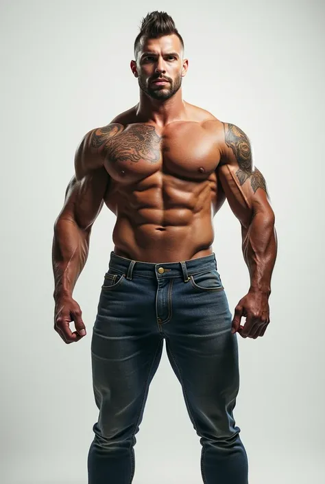 Create a premium quality full body image focused on the image of an incredibly muscular and defined man, with a body fat percentage of 0%. He is handsome and has a tough guy appearance.. Hes shirtless, showing off his well-sculpted muscles. She wears tight...