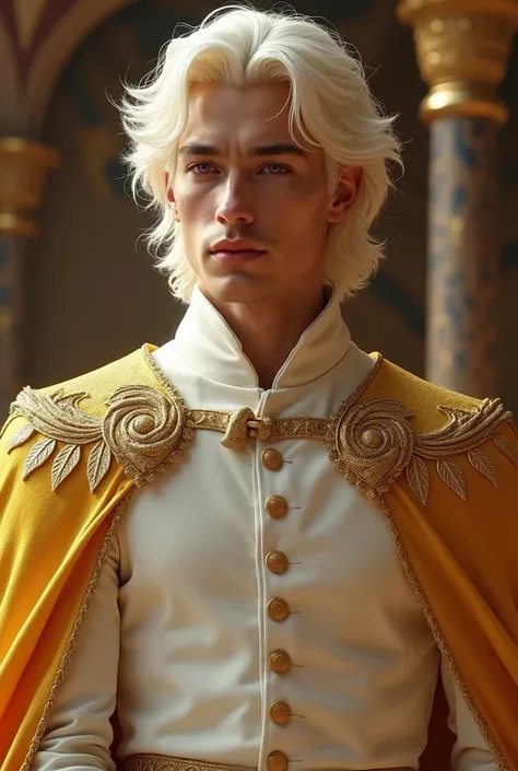 A handsome Aesthetic Targaryen Prince with sharp face, hes so masculine, hes so handsome, platinum blonde long curly hair, purple eyes, hes wearing a white Royal Velvet prince outfit with golden details and golden cloak,Hes smiling, freckles on face,a shin...