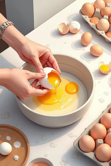 Putting cracked eggs on a bowl for making cakes. (Drawing)