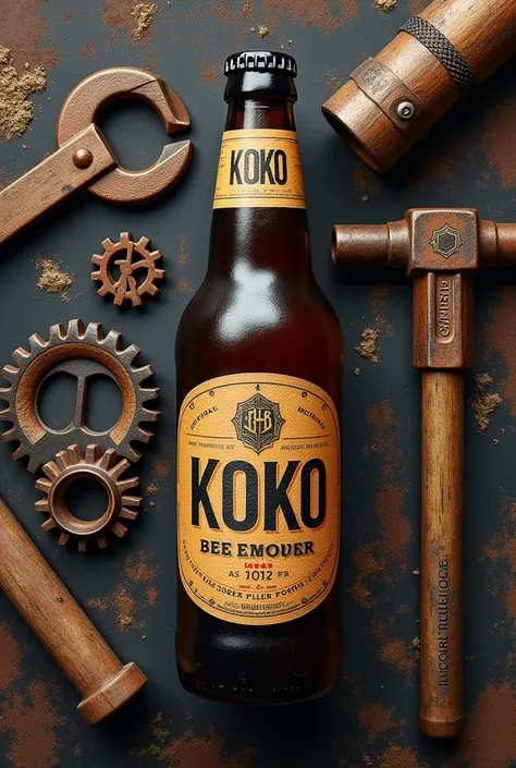 Beer label manly, reached, the name Koko as a centerpiece, tools, gears, and beer