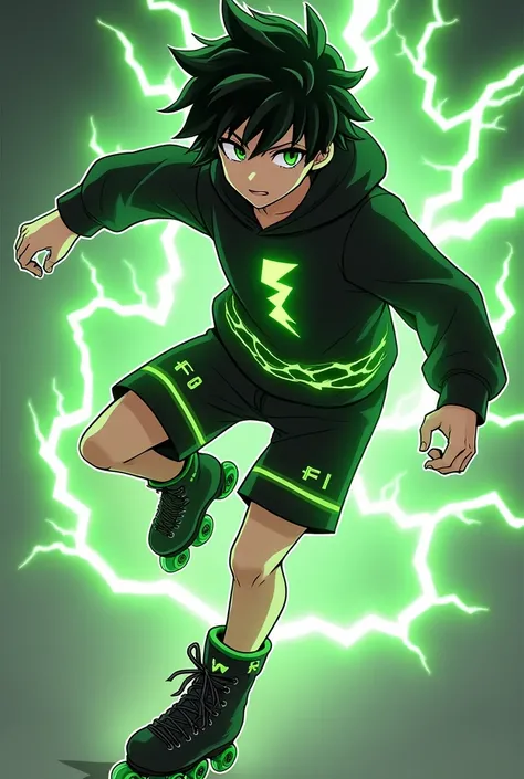 Could you please create an Anime Character. A male character with black hair reaching his ears, bright green eyes, wearing a black hoodie with green lightning around the waist, black shorts, and a silver ring with a subtle lightning pattern. He has a green...