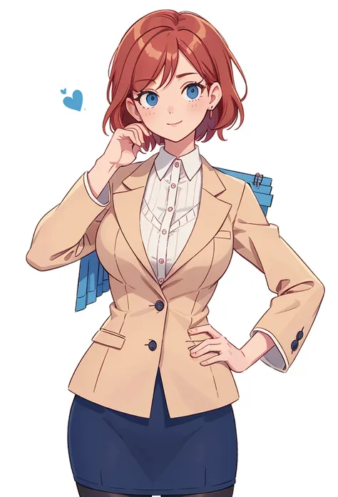 (Visual novel), (character sprite), short red hair, teacher, mystical, spiritual, deep dark blue eyes, beauty spot, pencil skirt, tights, hand on hip, hand by head, suit, beige suit, adult, older woman, mature mother, mommy character, pink blouse, round me...