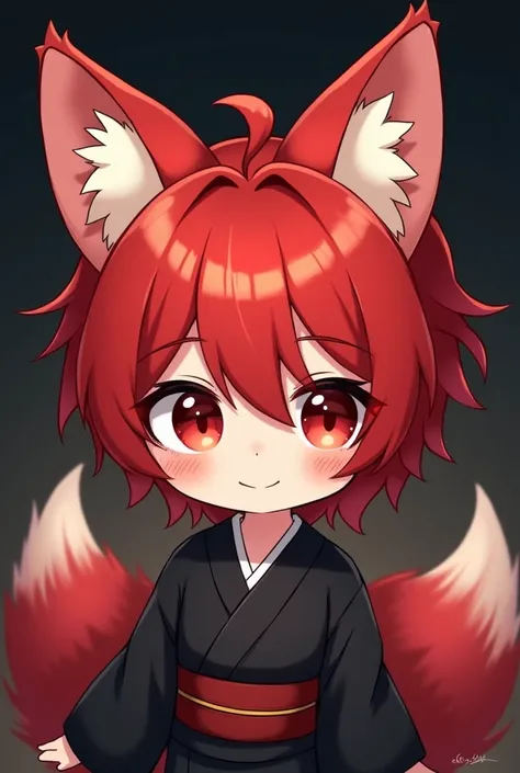 Cutie Sticker Chibi boy red hair red eyes fox ears brown skin black kimono dark background 