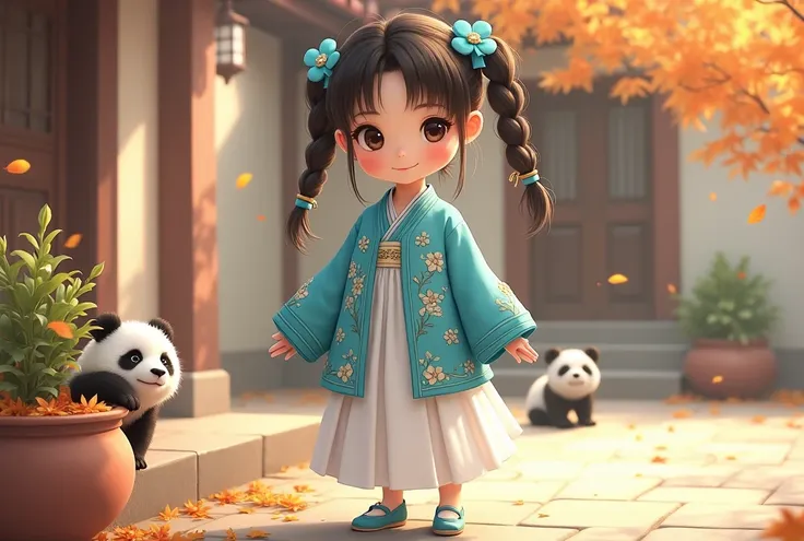 A charming young girl in traditional East Asian attire, Moe style, featuring a turquoise jacket with floral patterns and a flowing white skirt. She has two playful braids adorned with delicate blue flowers. The scene is set in a serene courtyard with a rus...