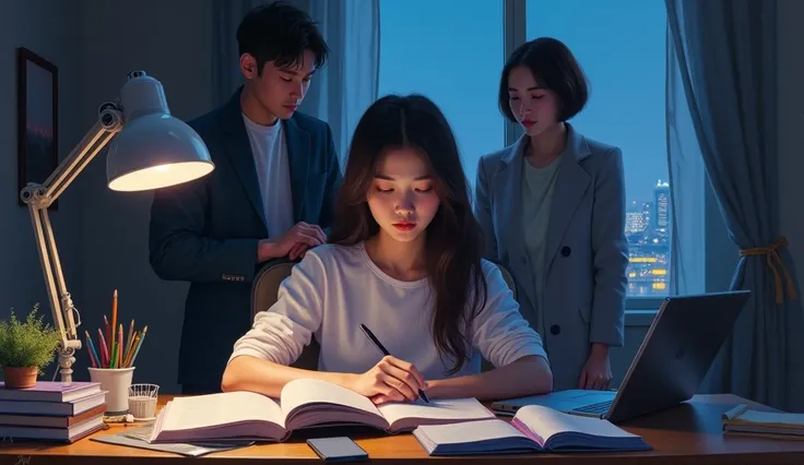 A stunning oil painting of a young beautiful Korean woman studying, and her parents are standing behind her with a feeling of proud, beautifully portrayed with a lost and melancholic expression. In the soft glow of a study lamp, a she sits in her comfortab...