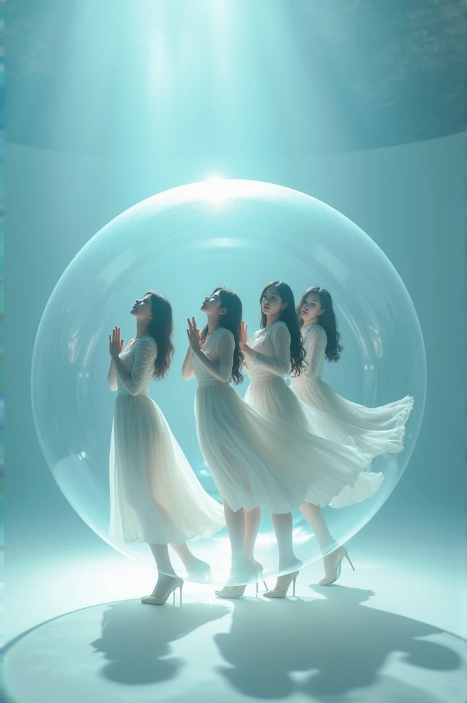 Im taking photos for a new concept album. Create a concept photo of a girl group in a giant soap bubble