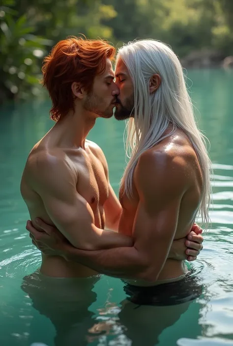 two mens, an 18 year old young man, short red hair, thin body and red hair,  and a man with long white hair and a youthful appearance similar to Geralt of Rivia, much taller than the red-haired man, apparently 30 year old hairy chest, muscular and sexy tak...