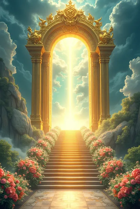 THE GOLD DIVINE GATE, 10 FLOWER STEPS TO DIVINE WORLD,MATCH FOR COVERPAGE,, A WAY THAT DARKNESS TO BRIGHTNESS, ONLY BLUE,WHITE,YELLOW,GREEN,GOLD COLOUR,WITH BEAUTIFUL FLOWER DECORATION