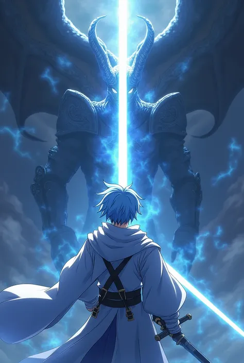 A male anime character with light blue hair. He is a brave knight. His weapons are two holy swords. The first one is a pure white sword with a light aura. The second one is a pitch-black sword with a dark aura. The hero stands facing the female demon lord.