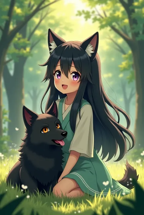 Anime cute wolf girl with black wolf and black hair