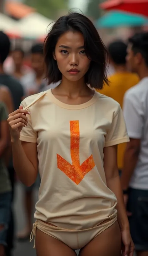 A beautiful Indonesian woman, wearing a cream coloured t-shirt with a strong vector design featuring a silhouetted image of a downward arrow symbol in an orange colour full of love and covered Blood splatter. The phrase "ISEK SEMPIT WANI PIRO" is displayed...