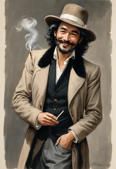 (good quality), (many details), (masterpiece), A man with hat and cigarette, open coat with fur collar, bare chest (hairy), hat( gray with white band), wavy shoulder-length black hair, coin playfully between fingers, trickster, gypsy, small beard, full bod...