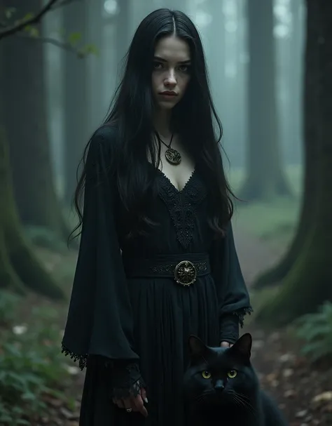 a Slavic woman, with a BLACK cat, long hair