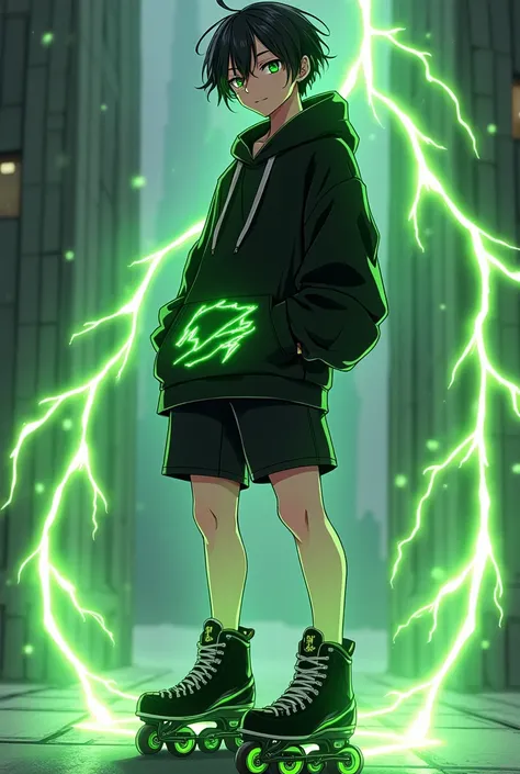 Could you please create an Anime Character. A male character with black hair reaching his ears, bright green eyes, wearing a black hoodie with green lightning around the waist, black shorts, and a silver ring with a subtle lightning pattern. He has a green...