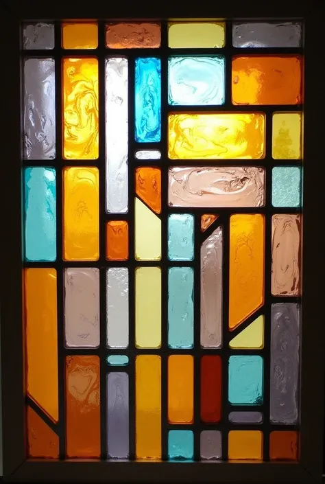 Easy to make stained glass window with 40 short pieces without yoki style tips with a letter G discreetly hidden in the design, with turquoise colors, violet,rosa, yellow, orange and brown.