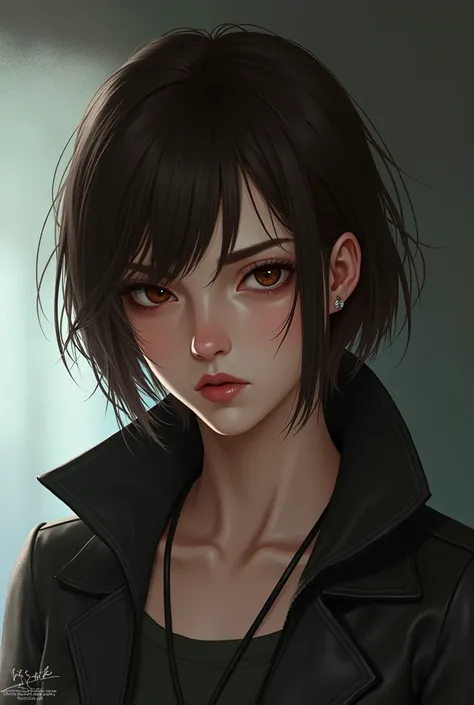 20 year old Caucasian girl, Her hair is short brown, Her skin is white, His expression is serious and cold, He seems like a bad person, Digital realistic illustration of video game characters
