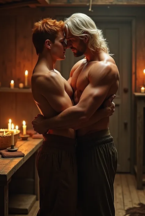 two mens, an 18 year old young man, short red hair, thin body and red hair,  and a man with long white hair and a youthful appearance similar to Henry Cavill, much taller and stronger than the red-haired man, muscular and sexy making love in an old cabin b...