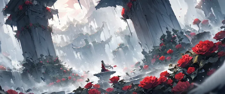 Poster Quality,Girl sitting on ruins、(The pillars are covered with ivy.々The red rose-like flowers bloom in:0.9)、(The whole place is covered in mist, creating a fantastical landscape.:1.5)