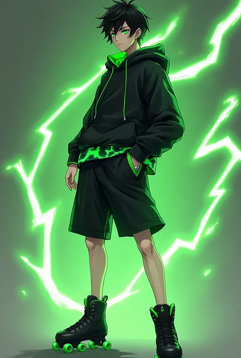 Could you please create an Anime Character. A male character with black hair reaching his ears, bright green eyes, wearing a black hoodie with green lightning around the waist, black shorts, and a silver ring with a subtle lightning pattern. He has a green...