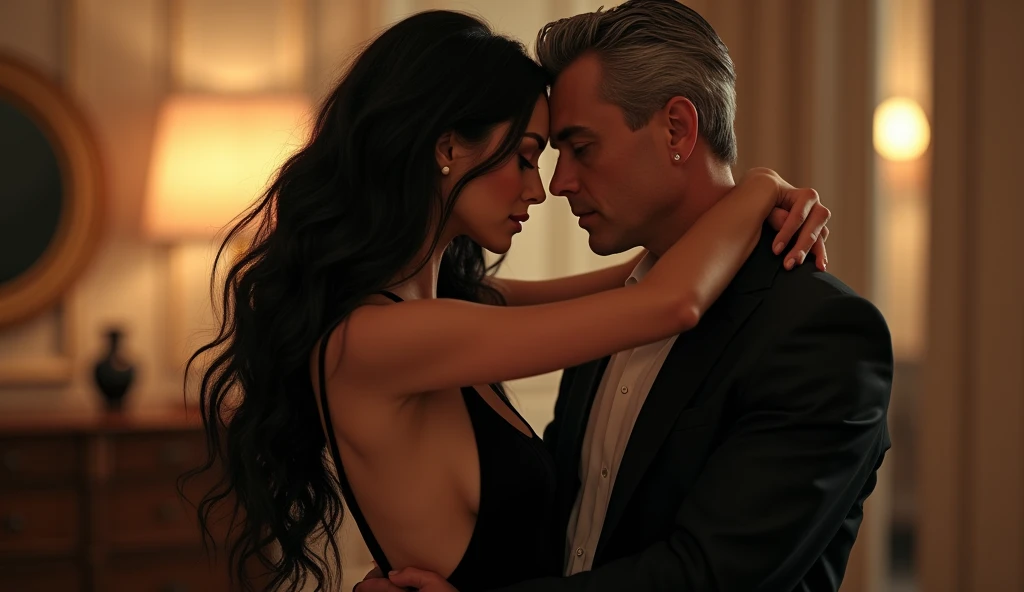 A sensual woman with long, flowing black hair, embracing a distinguished man who appears to be a director. She is wearing a stylish, form-fitting outfit that accentuates her curves, while the director is dressed in a smart, professional suit. They are in a...