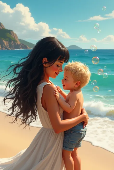 A Brazilian woman with long black hair and bangs, holding her little blond son, both coasts, Playing with soap bubbles