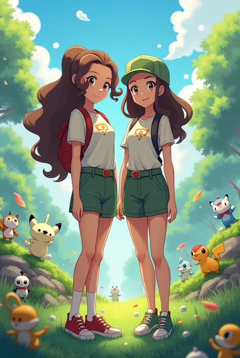 Two pokemon trainers, one with curly brown hair and light skin, and another brunette girl with straight hair., They both have matching Pokemon outfits and are the same height, plus all of this happens in a Pokemon-style landscape with Pokemons jumping arou...